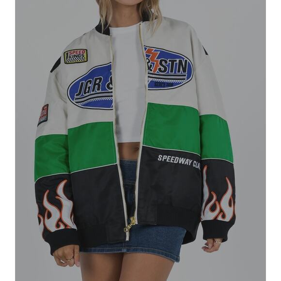Jagger and Stone Axel Moto Bomber Oversized Jacket Size XS S in Black Green - Picture 7 of 7